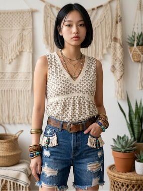 Lucky Brand Floral V-Neck Sleeveless Lace Trim Tank Top (Size: M)